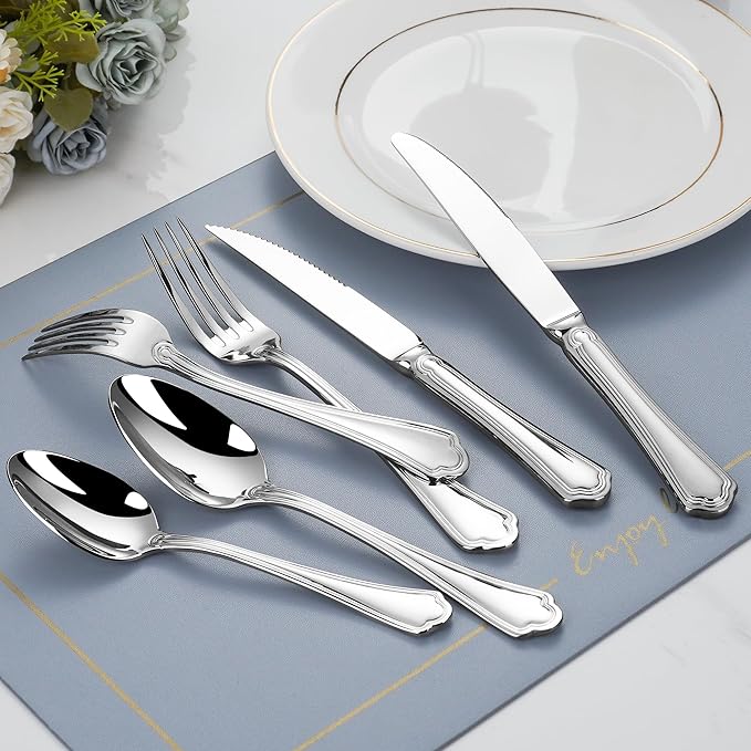 Silverware Set With Steak Knives, 48 Piece Stainless Steel Silverware Set for 8, Stainless Steel 18/10 Flatware, Ideal For Gift
