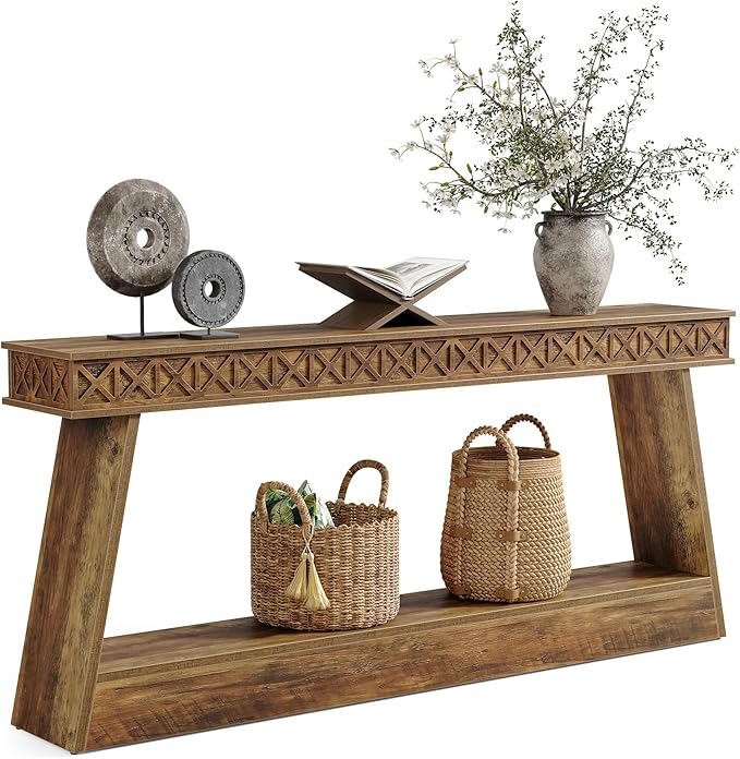 LITTLE TREE 70.87" Long Farmhouse Console Table, 2-Tier Shelf Narrow Accent Entryway Sofa Table for Living Room, Behind Couch, Hallway - Light Brown