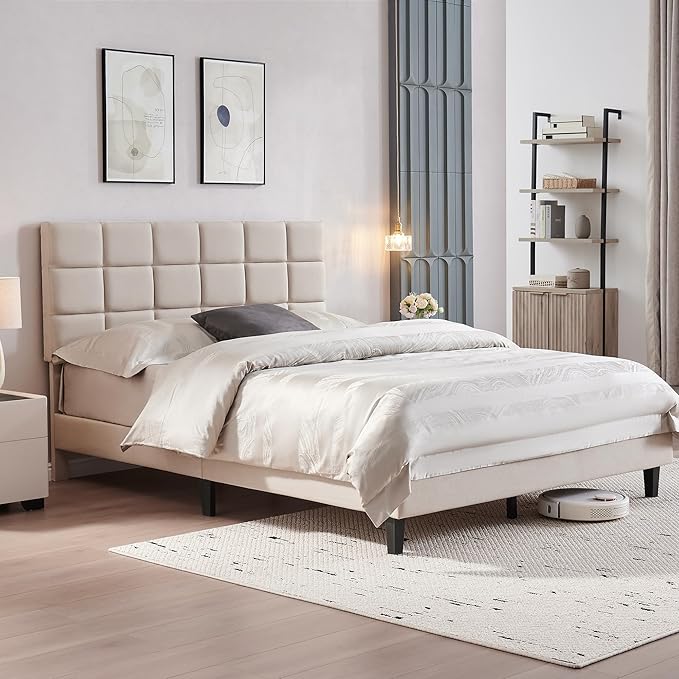 BedsPick Queen Size Bed Frame with Fabric Upholstered Headboard, Bed Frame Queen Size with Solid Wooden Slats Support, No-Noise, Easy Assembly, No Box Spring Needed with 1000LBS, Beige