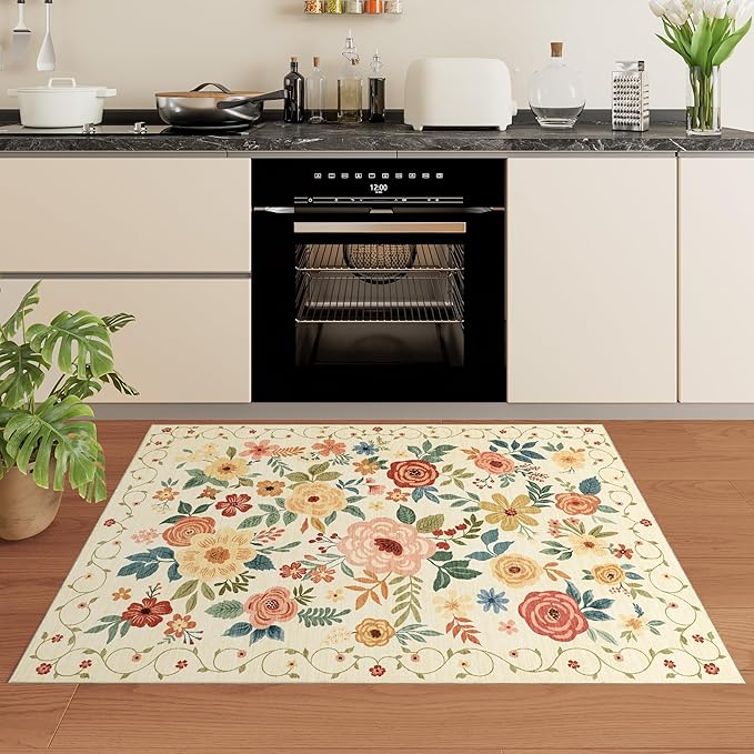 DUKINO 3x5 Area Rug, Floral Rugs for Living Room, Lightweight Non Slip Washable Rug, Indoor Low Pile & Non-Shedding Boho Design Rugs for Bedroom, Living Room, Dining Room, Beige Yellow