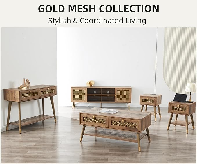 Mid Century Modern TV Stand for Living Room, TV Consoles for TVs Up to 75" - Rustic Oak Entertainment Center, 2 Gold Metal Mesh Doors & MDF Wood Grain, 15.8" D x 66" W x 23.5" H