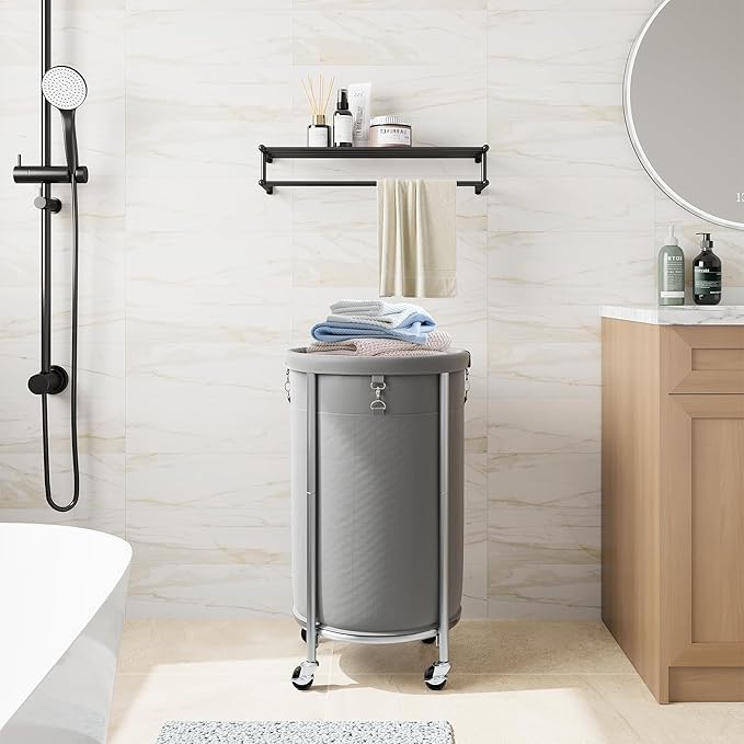 ELYKEN Laundry Hamper with Wheels, 110L Rolling Laundry Basket, Round Laundry Cart with Steel Frame and Removable Bag, 4 Casters and 2 Brakes, Dirty Clothes Hamper for Hotel, Home, Closet, Dorm, Gray