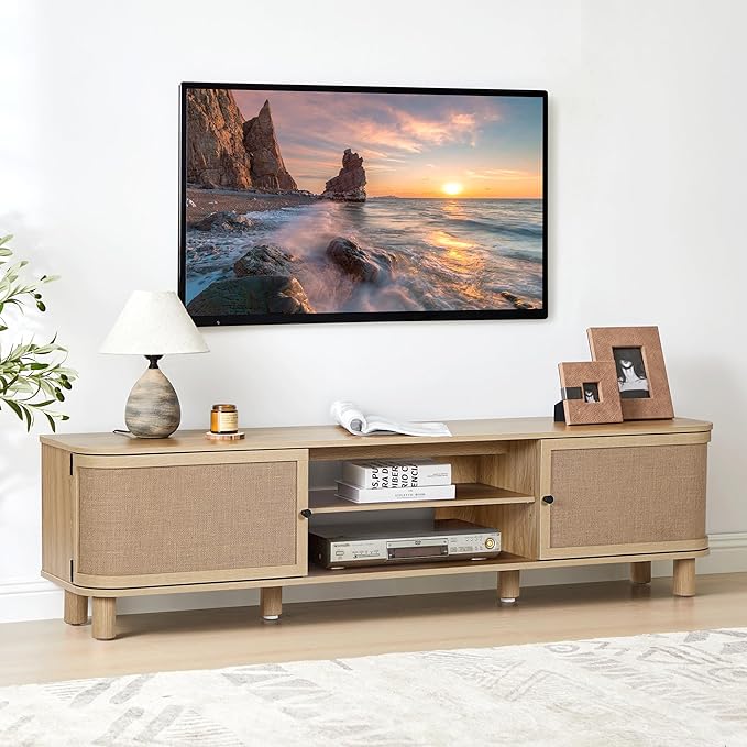 AVZEAR Curved Profile Farmhouse TV Stand for TVs Up to 70 Inches, Mid Century Modern Entertainment Center with Storage & Natural Linen Doors, Large Media Console for Living Room, Bedroom, Natural