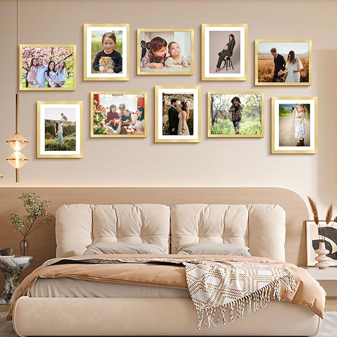 FIXSMITH 8x10 Picture Frame Set of 2, Gold Picture Frames Collage for Tabletop or Wall Display, Photo Frame with HD Plexiglass, Display Pictures 5x7 with Mat or 8x10 Without Mat