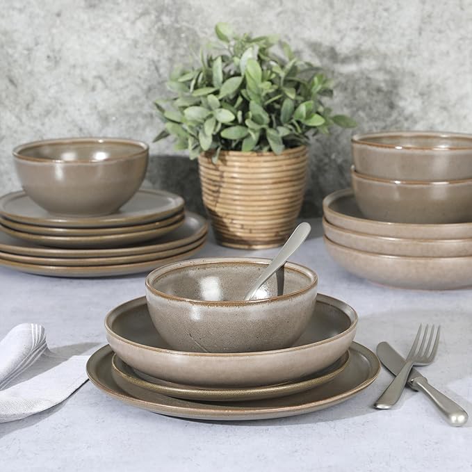 Gibson Elite Beckett Stoneware Matte Reactive Glaze 16 Piece (Service for 4) Plates and Bowls Dinnerware Set - Grey