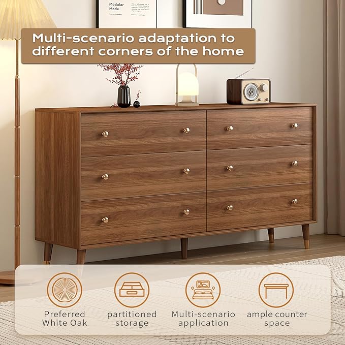 Mid Century Modern 6-Drawer Dresser, 55 Inch Wide Solid Wood Frame Chest, Walnut Finish, Beveled Design, Heavy-Duty Drawer Glides, Storage Cabinet for Bedroom, Living Room, TV Stand