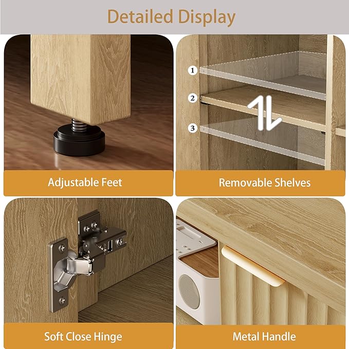 Fluted TV Stand for TVs up to 65'',Mid Century Modern Entertainment Center with Adjustable Shelves, Wood Media TV Console Cabinet with Fluted Doors for Living Roon Bedroom Natural LTV90Y