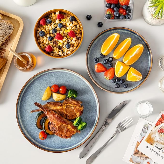 vancasso ONION Ceramic Plates and Bowls Sets, 18 Pieces Blue Dinnerware Sets for Kitchen, Reactive Glaze Dishes Set for 6, Dishwasher and Microwave Safe