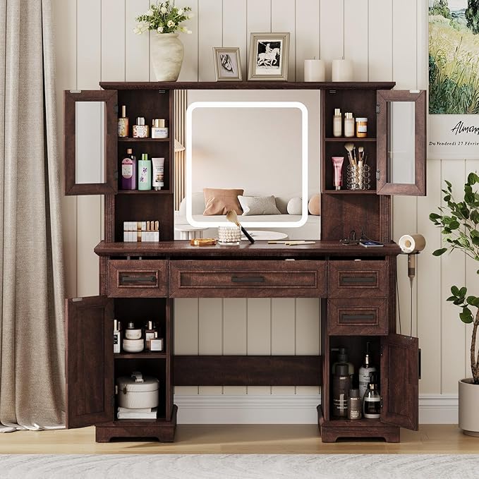 Maupvit Farmhouse Vanity Desk with Mirror and Lights, Makeup Vanity Table with Charging Station, 45" Bedroom Table with 4 Drawers and Cabinets, 3 Lighting Modes, Brown