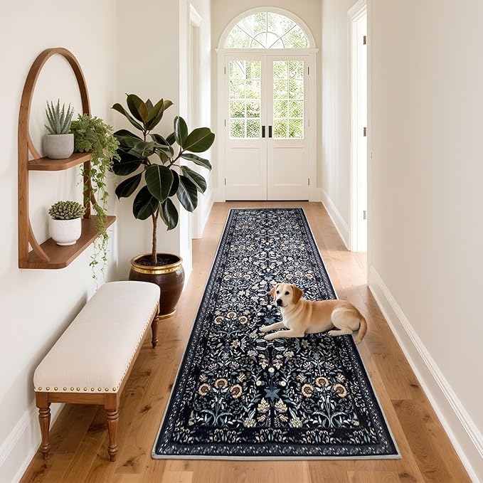 Area Rug Living Room Rug, 5X7 Rugs for Living Room Floral Boho Low Pile Super Soft Washable Rug, Stain Resistant Indoor Floor Non-Slip Carpet for Bedroom Bedside Dining Room Kitchen Nursery, Black