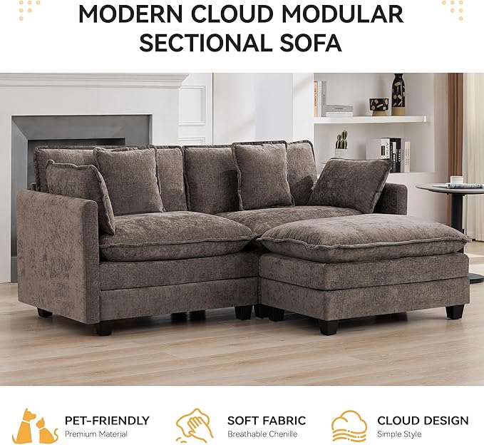 76'' Cloud Deep Seat Loveseat Sofa, Upholstered Chenille Modular 2-Seats Sectional Sofa Couch with Movable Ottoman, Modern Comfy Settee Loveseat for Living Room Set, Small Apartment, Brwon