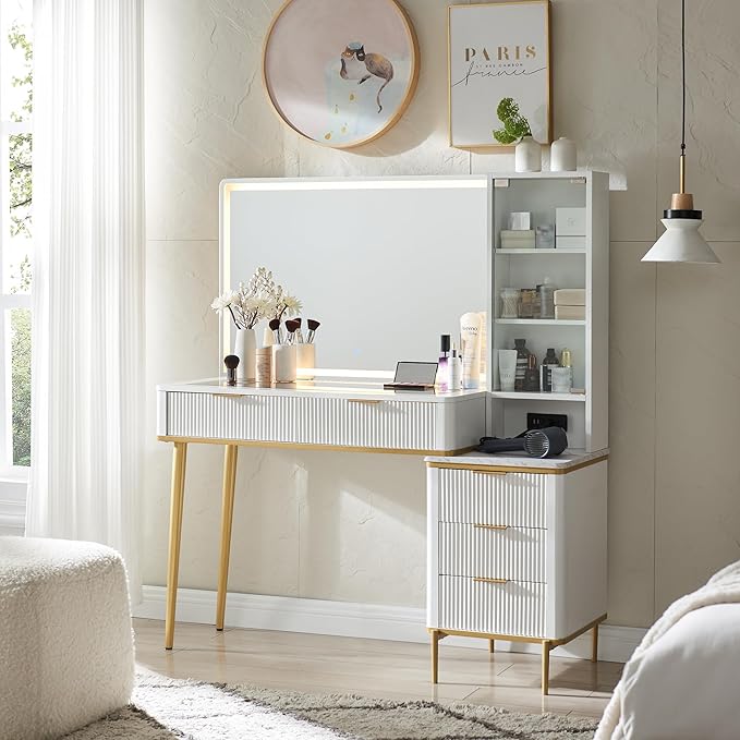 T4TREAM Fluted Makeup Vanity Desk with 36" HD Lighted Mirror, 48" Big Modern Vanity Desk with Mirror and Lights, Dressing Table with 5 Drawers & Shelves, Glass Top for Bedroom (Off White)