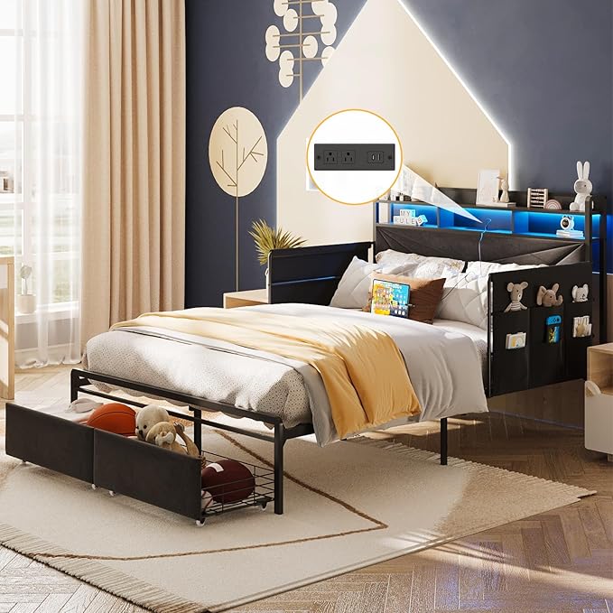 Maupvit Full Bed Frame with Storage Headboard and Drawer,Upholstered Platform Bed Frame with LED Lights & Charging Station,Full Size Bed with Guardrail,No Box Spring Needed,Grey