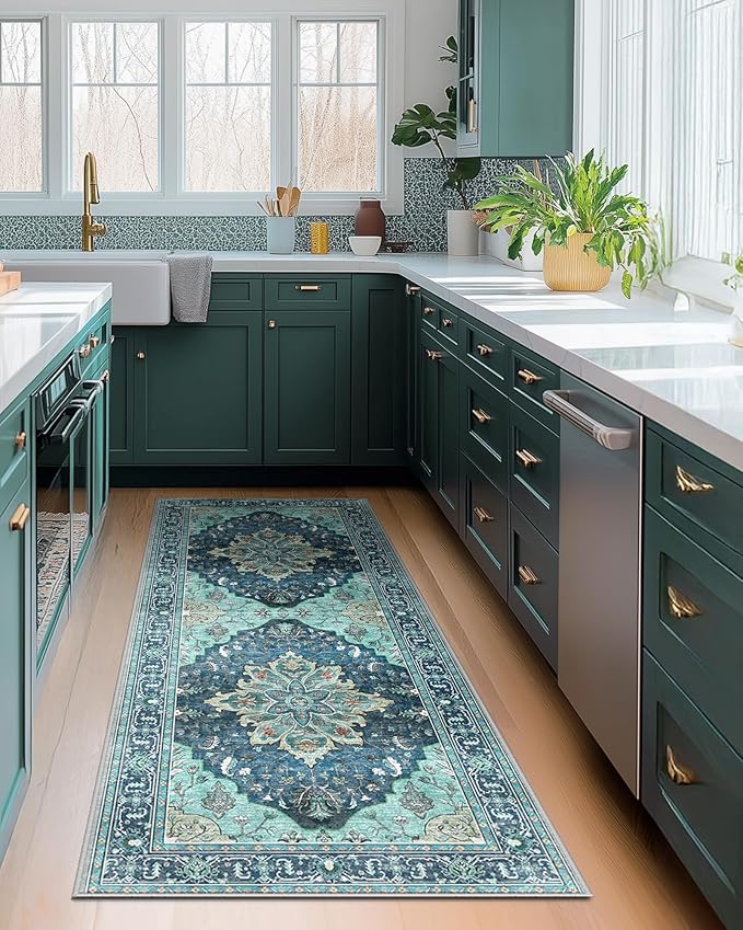 Area Rugs 2'x6' Washable Non-Slip, Floral Vintage Distress Print Pattern Medallion Carpet for Living Room Bedroom Dining Room, Teal Green Lake Blue Turquoise