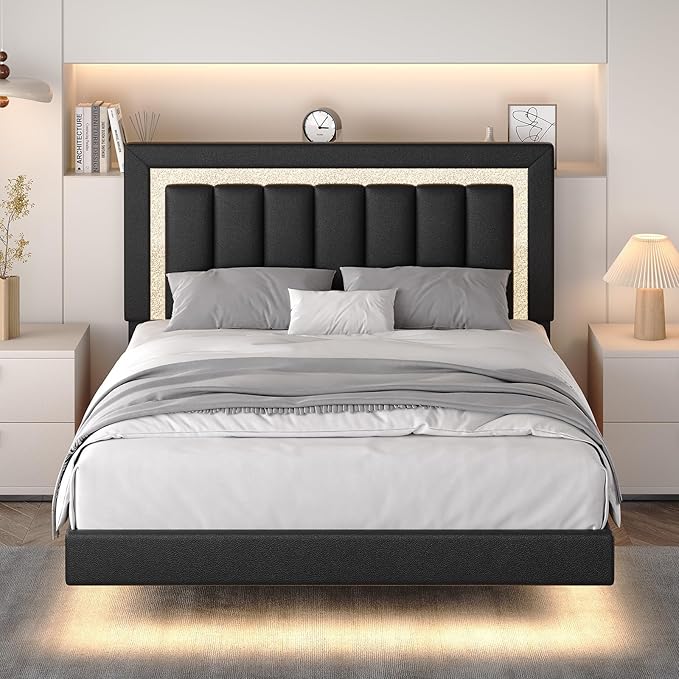 HOMBCK Floating Bed Frame Queen with Smart LED Lights, Faux Leather Upholstered Bed Frame Queen with Diamond Headboard, No Box Spring Needed, Noise Free, Easy Assembly, Black