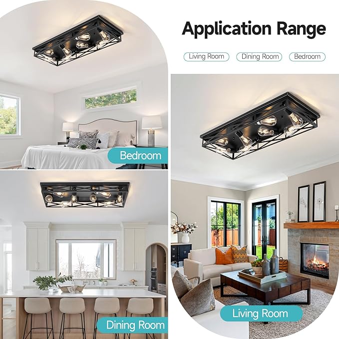 Flush Mount Ceiling Light Fixture,6-Light Black Farmhouse Flush Mount Light Fixture Kitchen Lights, 23" Metal Cage Closed to Ceiling Mounted Lights for Kitchen Hallway Entryway E26 Base
