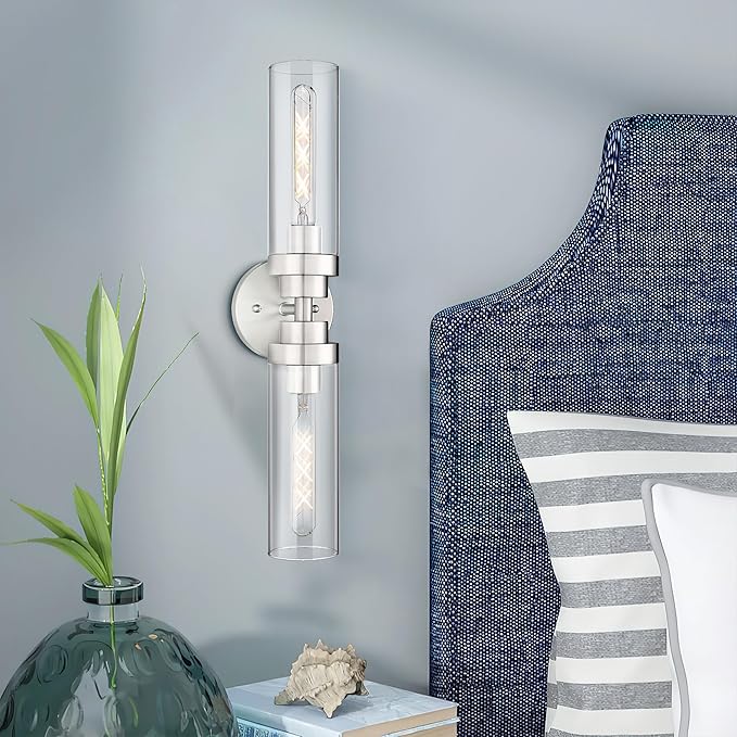 Emak Brushed Nickel Vanity Lights for Bathroom, Modern 22 Inch Bathroom Light Fixtures, 2-Light Cylinder Wall Sconces with Clear Glass Shade for Bathroom, Bedroom, Hallway, VL085-BN-2