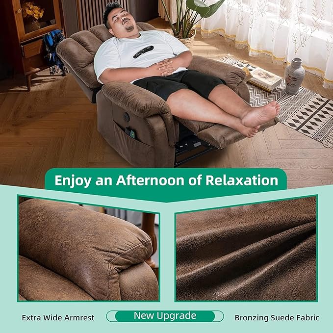 VIVIJASON Large Dual OKIN Motor Power Lift Recliner Chair for Elderly Big Man, 180° Lay Flat Electric Recliner with Heat & Massage, Infinite Position, 2 Remote Controls, Side Pockets & USB Port, Brown