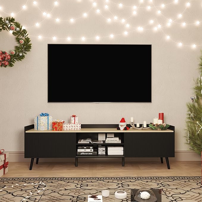 Bonzy Home 70'' Fluted TV Stand Modern Entertainment Center with Sliding Doors & Storage for up to 75'' TV, Media TV Console for Living Room & Bedroom, Black