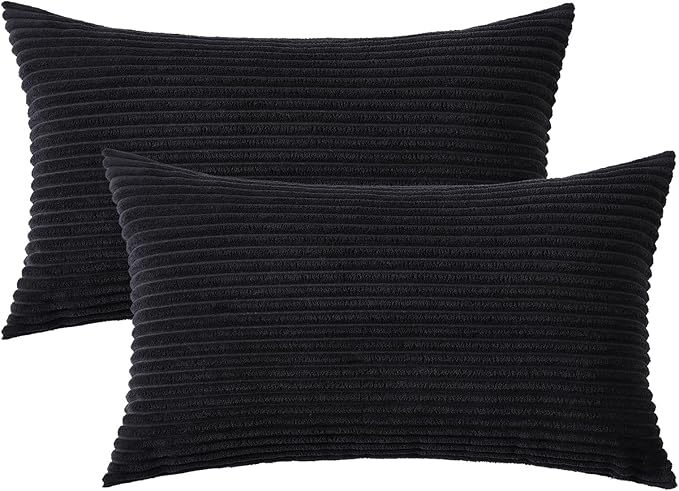Mecatny Corduroy Decorative Throw Pillow Covers 12x20 Set of 2 for Sofa Living Room, Soft Neutral Boho Couch Pillow Covers for Home Decor, Black