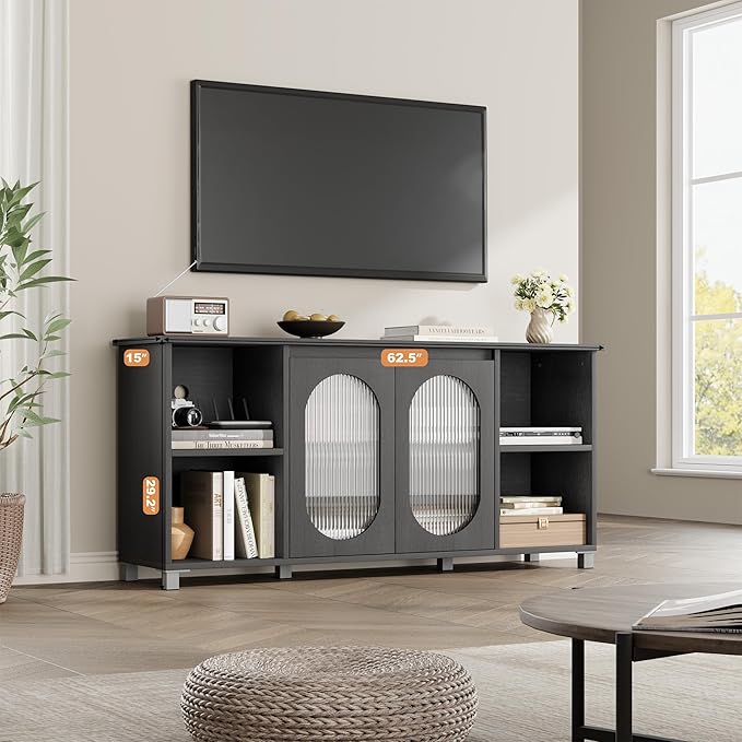 71" Modern Farmhouse TV Stand - Corrugated Glass Door Media Console with 3 Open Shelves, 15" D x 29" H Entertainment Center (Black & Dark Brown)