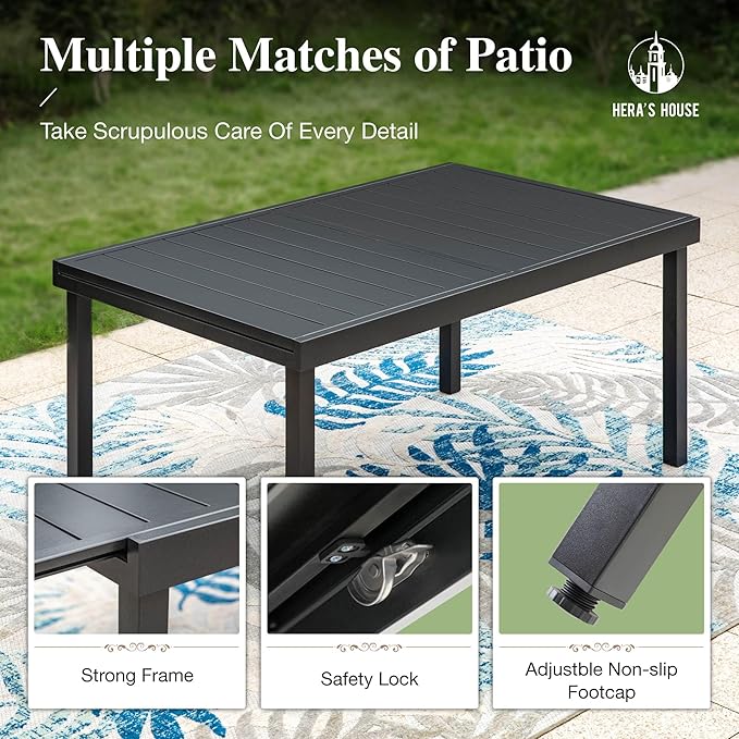 HERA'S HOUSE 7 Pieces Patio Dining Set for 6, Outdoor Rattan Chairs and Extendable Metal Dining Table with 1.57" Umbrella Hole for Deck, Balcony, Backyard, Garden