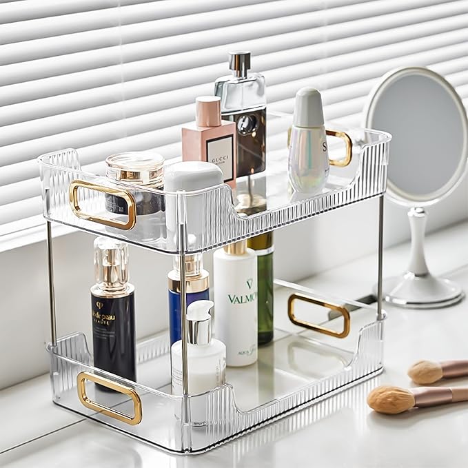 2-Tier Bathroom Counter Organizer Countertop Storage, Dresser Organizer Vanity Tray for Makeup, Perfume Organizer Cosmetics Skincare Shelf - Clear