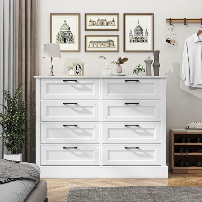 Odeekea White Dresser for Bedroom, Wood Dresser with 8 Drawers, Chest of Drawer for Bedroom Living Room Entryway Hallway, Modern Farmhouse Style