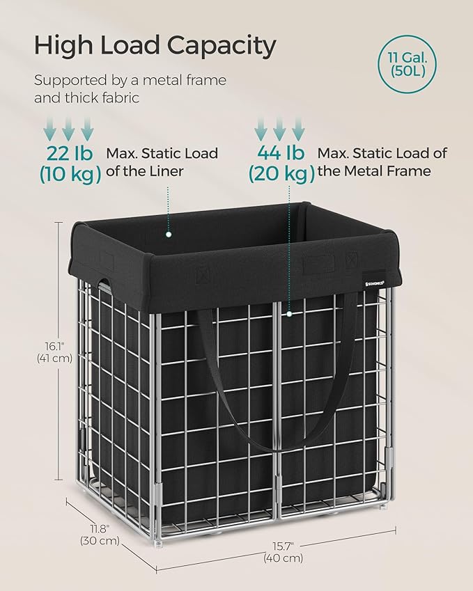 SONGMICS Laundry Hamper, 11 Gal. (50L) Laundry Basket, Collapsible Clothes Hamper, Removable and Washable Liner, Metal Wire Frame, for Bedroom Bathroom, Silver and Classic Black ULCB150B01