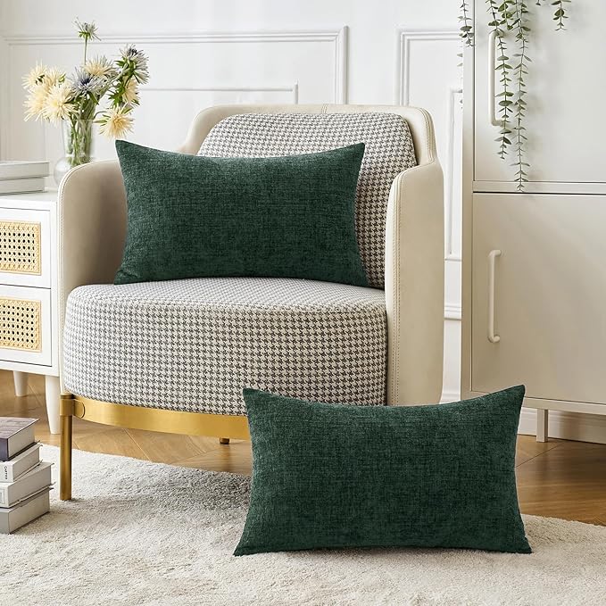 MIULEE Pack of 2 Green Throw Pillow Covers 12x20 Inch Soft Chenille Pillow Covers for Sofa Living Room Couch Solid Dyed Cases