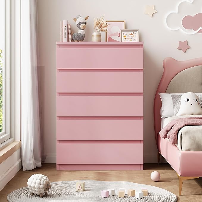 Modern Pink 5 Drawer Dresser for Bedroom, 15" D x 23.7" W x 40.4" H in Simply Chest of Drawers, Wood Storage Dresser with Deep Drawers for Living Room Hallway Entryway, Pink