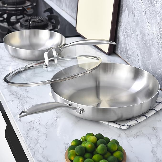 LOLYKITCH 12 Inch Tri-Ply Stainless Steel Frying Pan with Lid,Skillet,Induction Cooking Pan,Oven Safe and Detachable Handle