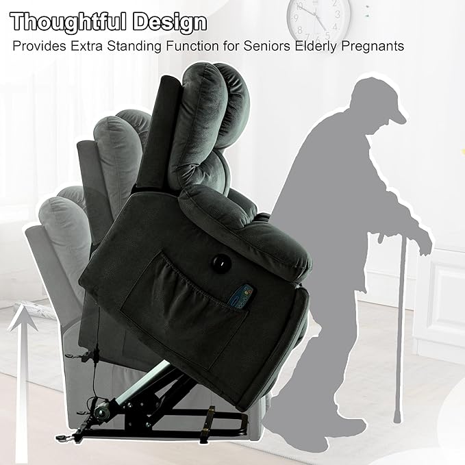 Power Lift Recliner Chair with Massage and Heating, Lift Chairs Recliner for Elderly, Upholstered Comfy Power Lift Chair with 2 Hidden Cup Holders, Side Pockets, USB Port, Grey Green