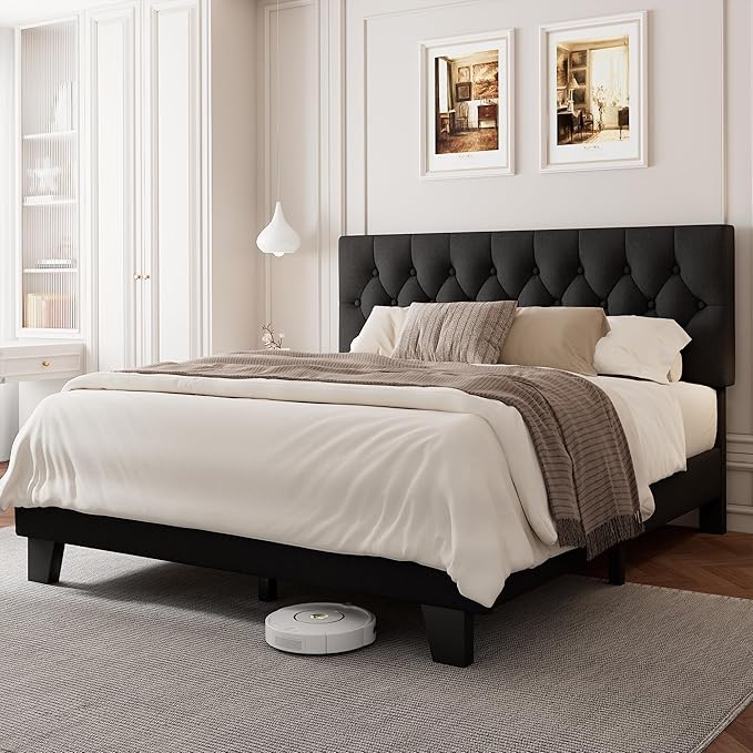 Queen Upholstered Bed Frame with Headboard, Button Tufted Linen Bed Base, Platform Bed with Wood Slat, Heavy Duty, Easy Assembly, No Box Spring Needed, Black