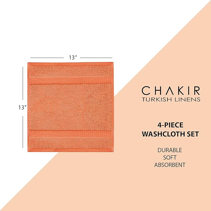 Chakir Turkish Linens | Hotel & Spa Quality 100% Cotton Premium Turkish Towels | Soft & Absorbent (4-Piece Washcloths, Coral)
