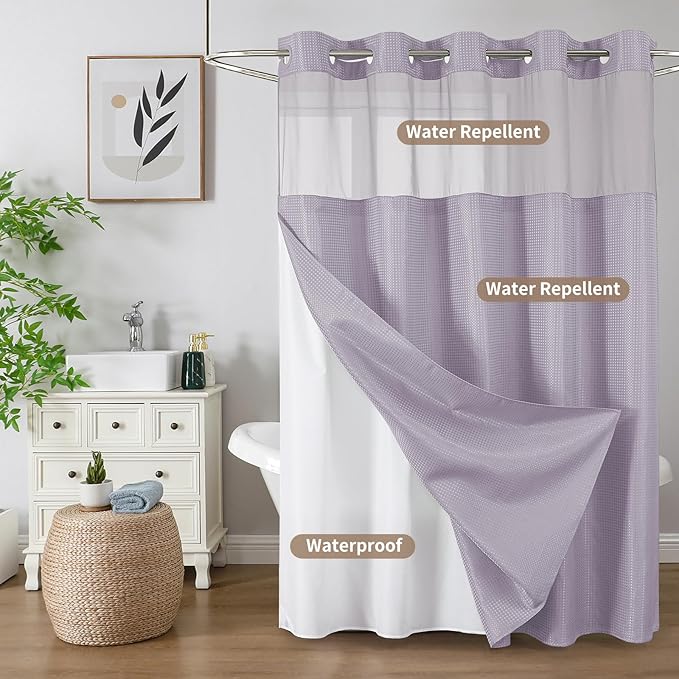Colorful Star No Hook Shower Curtain with Snap in Fabric Liner, Waffle Weave Heavy Duty Thick Shower Curtains with Mesh Top Window, Hotel Style Waterproof Bathroom Curtain Set, 72 x 75 Inch, Lavender