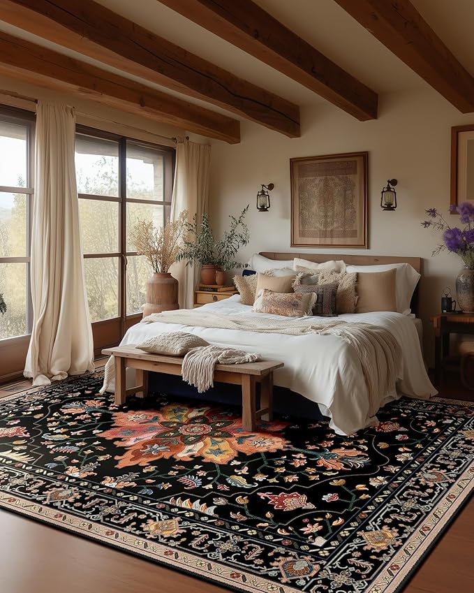 Area Rugs 6'x9' Washable Non-Slip, Floral Vintage Distress Print Pattern Medallion Carpet for Living Room Bedroom Dining Room, Black Colorful Floral Dark Tan