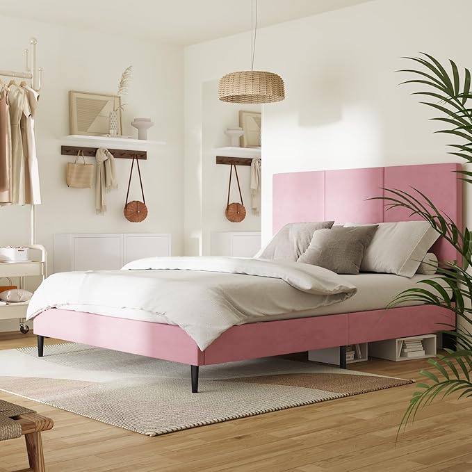 Full Size Bed Frame with Headboard, Vertical Channel Tufted Heavy Duty Full Size Bed Frame, No Box Spring Needed, Easy Assembly, Metal Platform Bed Frame, Pink