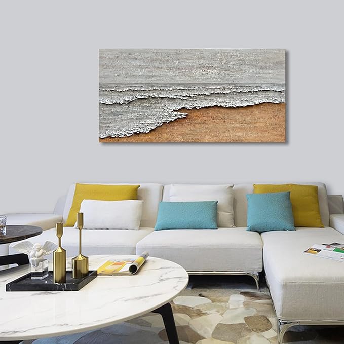 Art Hand-Painted Yellow and White Ocean Beach Landscape Oil Painting Modern Abstract Canvas Art Home Wall Decoration 24x48 inches