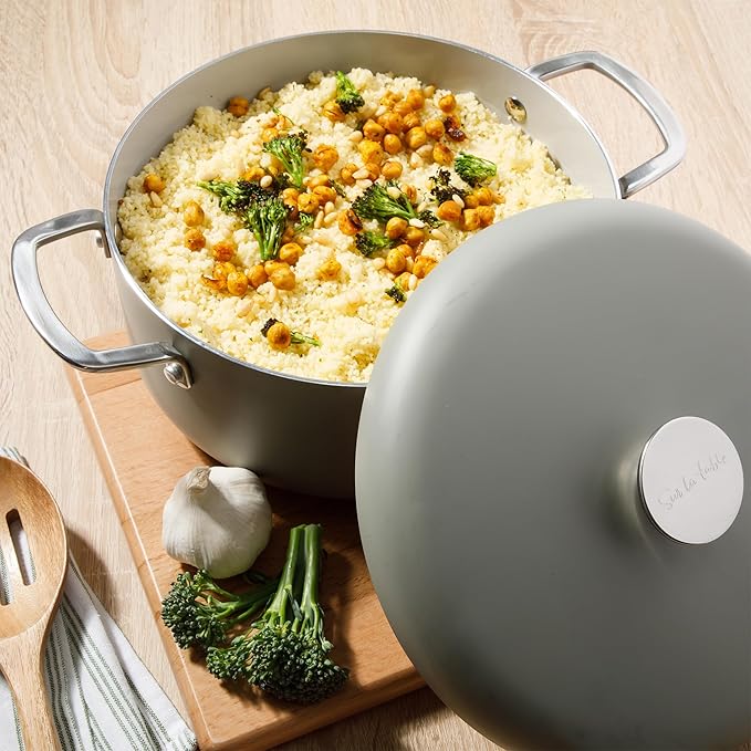 Sur La Table Kitchen Essentials Potluck Porch 10 Piece PFA Free Ceramic Non stick Interior Forged Aluminum Cookware Pots and Pans Set W/Aluminum Lids - Green - Induction Compatible