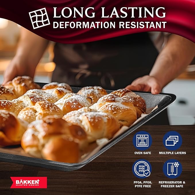 BAKKEN Kitchen Baking Pans - Nonstick Gray Coating, 13.58’’ × 9.65’’ Commercial Grade Carbon Steel Cookie Sheet, Diamond Texture Bottom, PFOA, PFOS, PTFE Free, Oven Safe Tray (450°F), Gray Marble