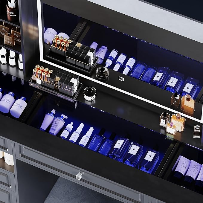 Vanity Desk with Mirror and Light, Glass Top Dresser with 9 Drawers, Vanity Table with Storage, Dressing Table, Bedroom Makeup Desk for Women (Black-Glass Top)