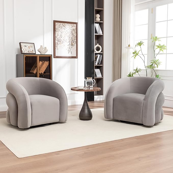 34.6" Velvet Swivel Accent Chair, Modern Round Armchair for Living Room,Upholstered Comfy Sofa Barrel Chairs for Bedroom Reading Apartment Lounge,Fully Assembled(Grey)