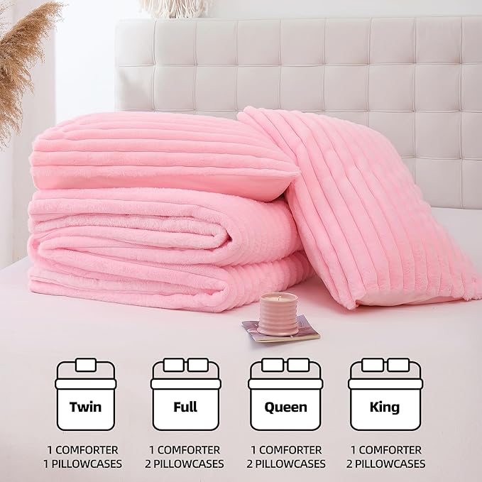 Smoofy Fluffy Twin Comforter Sets 2 Pieces - Pink Fleece Fluffy Comforter Set, Luxury Fuzzy Twin Bedding Set, Soft Twin Size Comforter All Season, Heavy Faux Fur Comforter with Pillow Cases