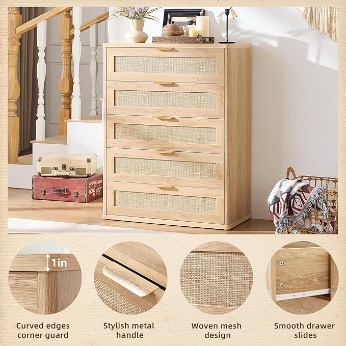 LEYAOYAO Rattan Dresser for Bedroom Set 2, 41" Tall Chest of Drawers, Modern 5 Drawers Boho Dressers with Storage, Light Oak Dresser Wooden Closet Organizer for Living Room, Hallway, Natural Wood