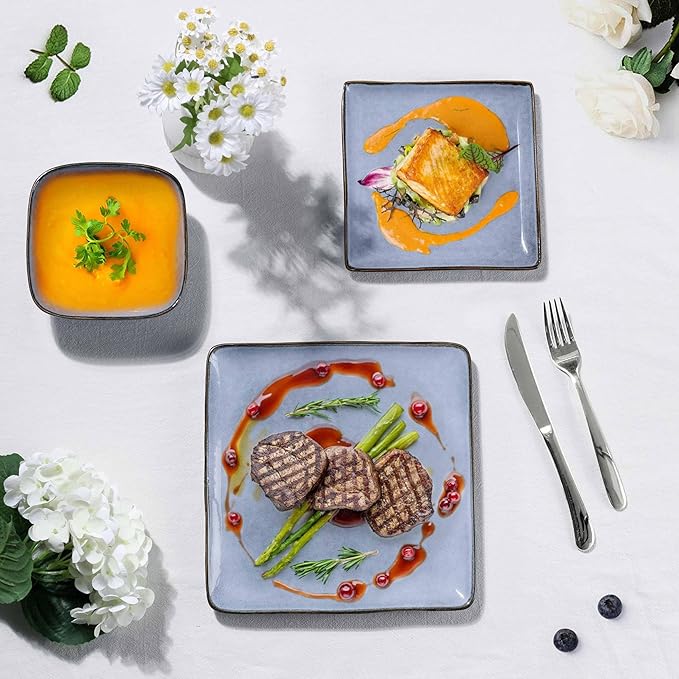 Herogo 12-Piece Square Stoneware Dinnerware Set for 4, Dinner Plates and Bowls Sets, Double Reactive Glaze Dishware Place Setting for Kitchen, Scratch Resistant, Microwave Safe, Haze Blue