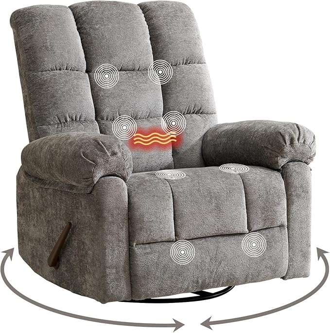 Oversized Swivel Rocker Recliner with Massage and Heat, 26" Extra Wide Manual Recliner for Adults & Big Man, Overstuffed Rocking Chair with High Back for Living Room, Grey Chenille