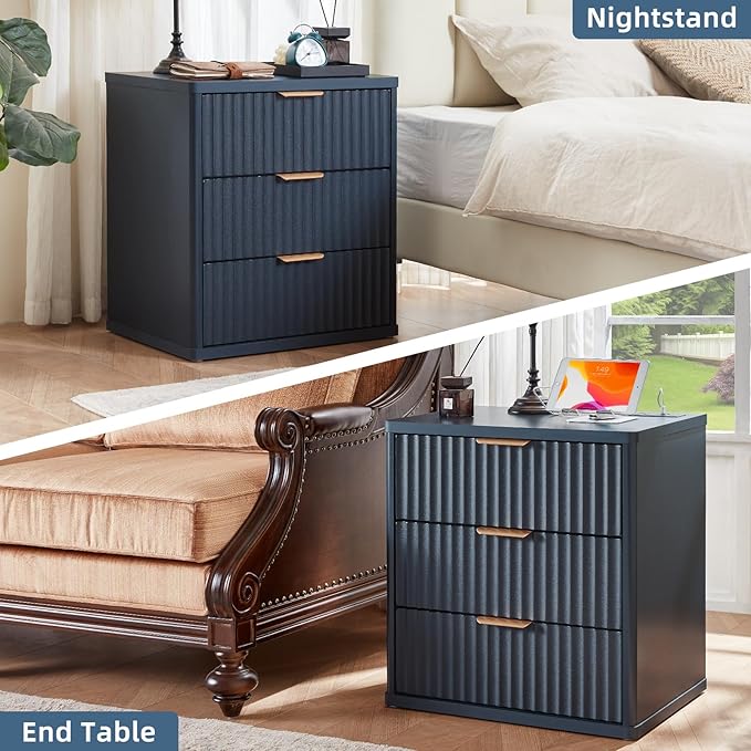 LEYAOYAO 23" Wide Fluted Farmhouse Night Stand Set of 2 with Charging Station, 3 Drawers Large End Table w/Metal Handle, Blue Nightstand Bedside Table,Wood Dresser for Bedroom, Closet