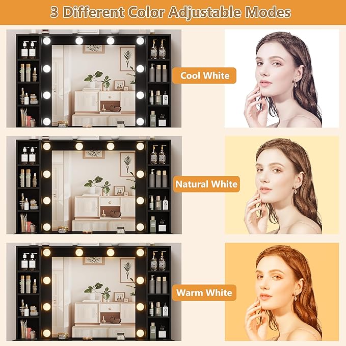 Black Vanity Desk with Mirror and Lights, Glass Top Vanity with Lighted Mirror & RGB Glass Cabinet and 3 Drawers, Makeup Vanity Desk with Lights Dressing Table for Bedroom, 3 Color Modes