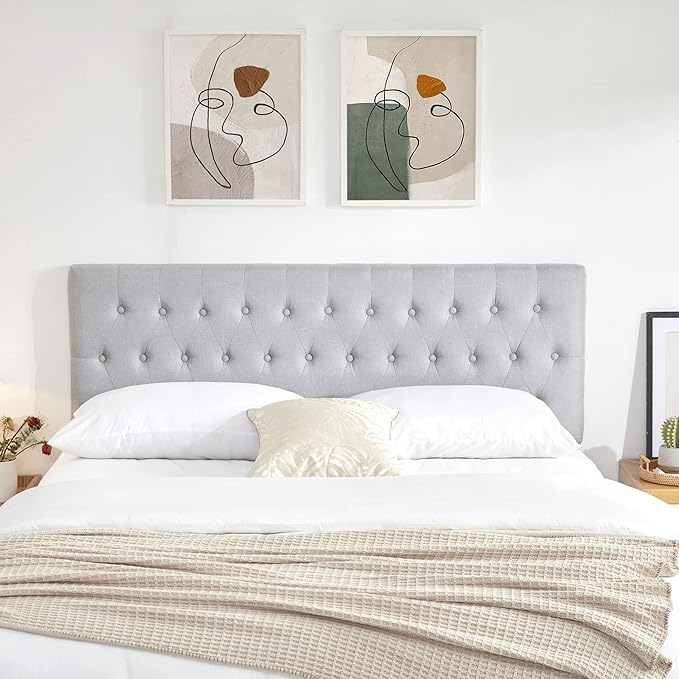 Kingfun Headboards for King Size Bed in Modern Button Design, Premium Linen Fabric Upholstered Tufted Bed Headboard, Adjustable Solid Wood Head Board, Grey